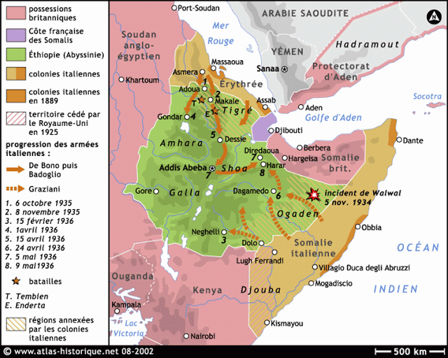 Mapa de Abisinia (Etiopía) durante la segunda guerra ítalo-etíope (1935-36) (Abebe, 2002).