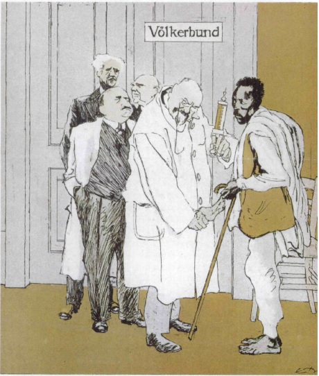 Ilustración satírica alemana sobre la Guerra ítalo-etíope. Da cuenta que la sangre negra sirve como buen material de experimento (WHITTALL, 2010).